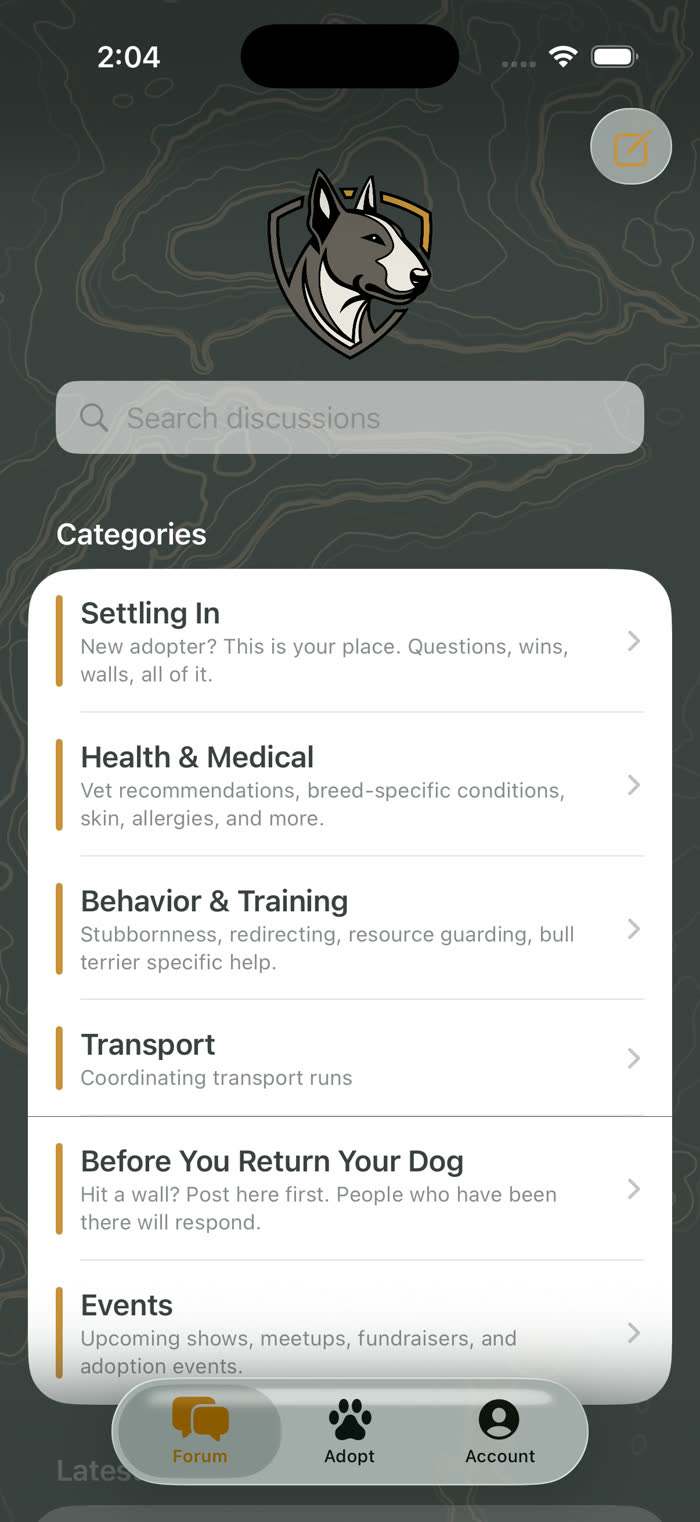 iOS app forum screen listing support categories including settling in, health and medical, and transport